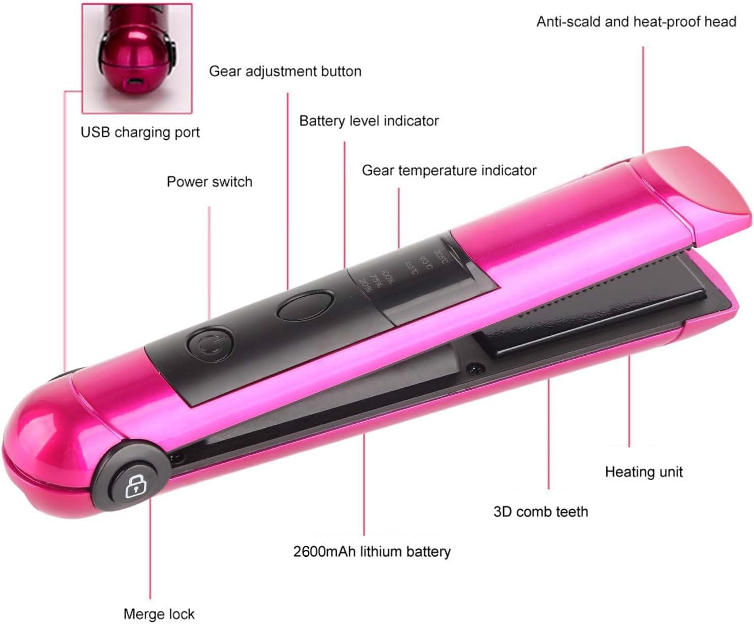 USB Rechargeable Multifunctional Mini Hair Straightener Curler Hair Styling Tool Rose Red Portable Travel Friendly 3 Temperature Settings for Women Girls Salon Quality Styling
