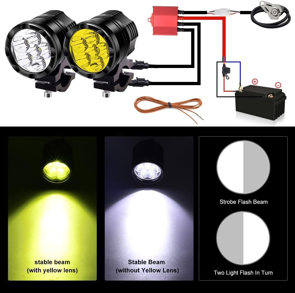 Luces auxiliares para motocicleta Proyector delantero 12V 24V Faros antiniebla LED con lente amarilla, 2PCS 60W Faros delanteros de motocicleta para scooters Coche Camión Barco ATV SUV