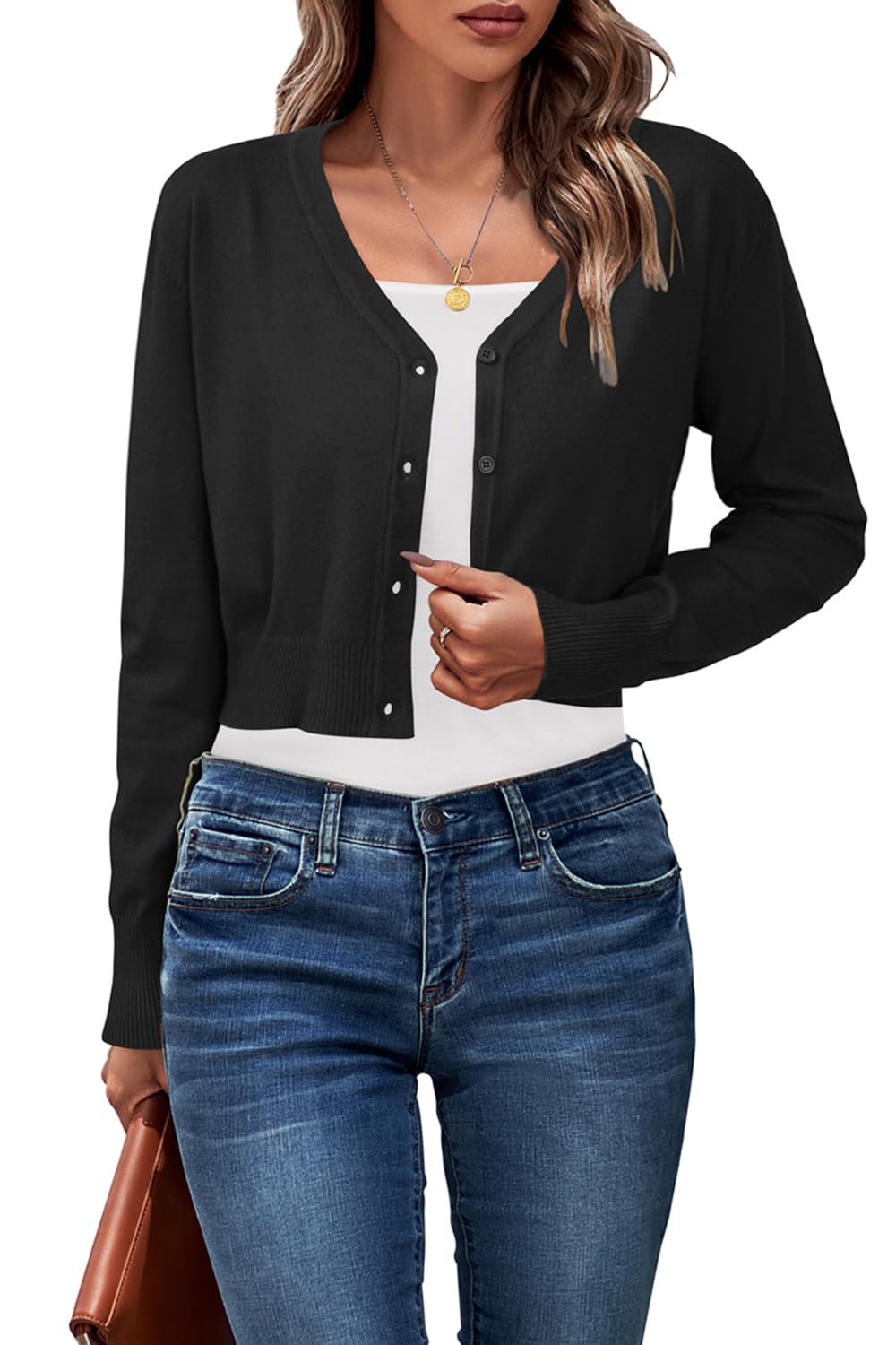 Newshows Womens 2025 Fall Cropped Cardigan Fashion Knit Bolero Shrug Long Sleeve V Neck Business Casual Sweater