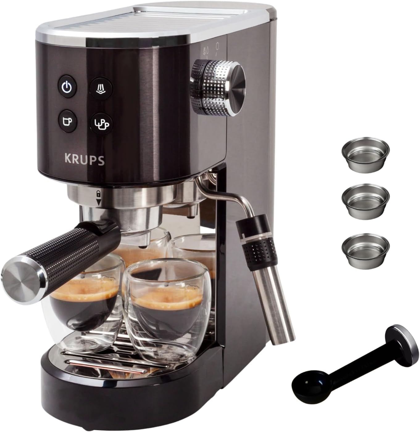 KRUPS Virtuoso+, Espresso Coffee Pump, 15 Bar Pressure, Dual Steam Nozzle, Thermoblock, Measuring Spoon and Compactor, Black, XP444G