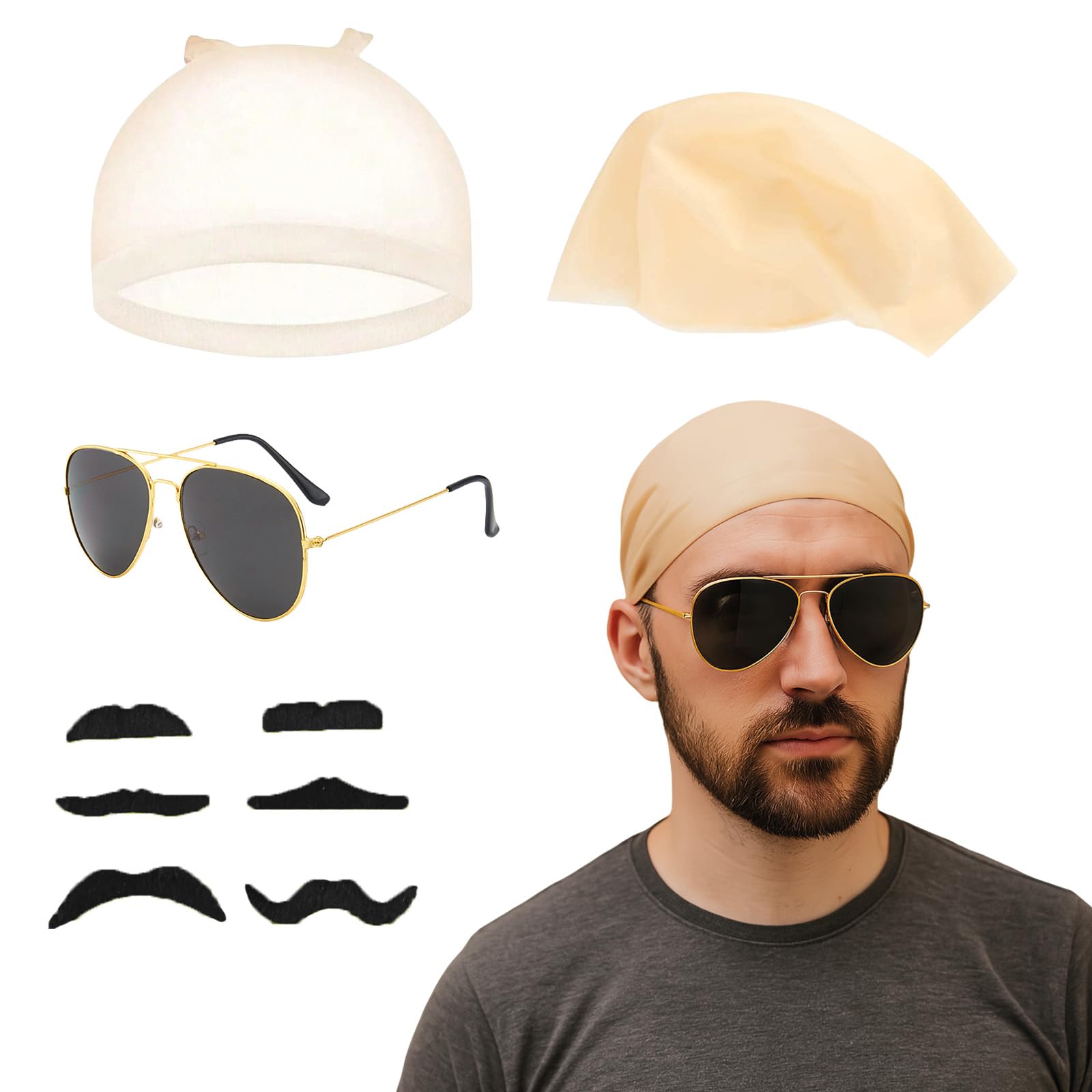 GWAWG 4 Pcs Fancy Dress Bald Cap Accessory Set Nude Latex Bald Cap with Wig Caps Black Sunglasses Black Beard Patch Set Halloween Music Icon Cosplay Accessory for Kids Adults