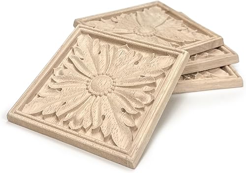 Miniatura 4 de 4 piezas de apliques decorativos tallados de flores de madera, 3.9 x 3.9 pulgadas, calcomanía cuadrada de madera maciza sin pintar para decoración