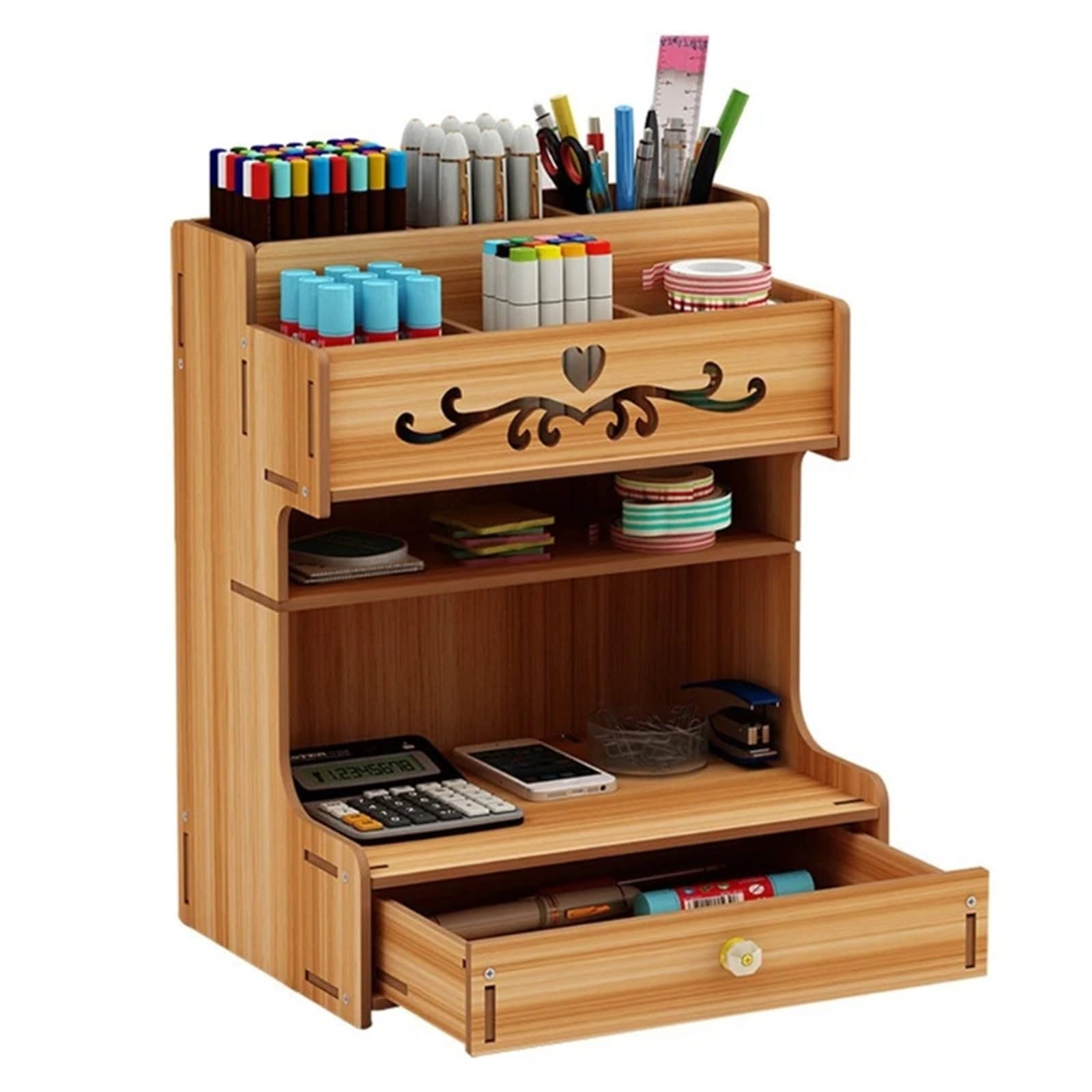 organizador escritorio Wooden Pen Holder With Drawer Multi-Functional Desktop Stationary Pencil Box Home Office Art Supplies Rack(Color 5)