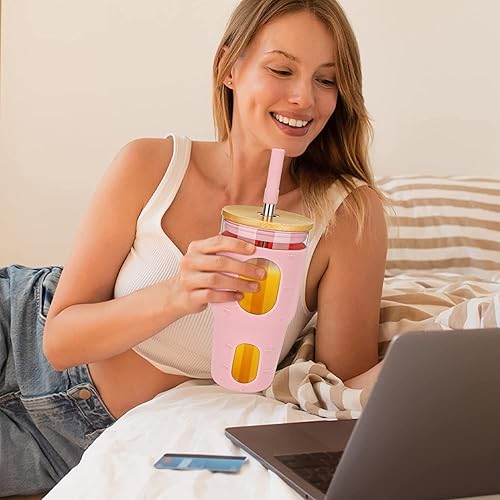 Miniatura 8 de Tronco Vaso de 32 onzas con popote y tapa, vaso de vidrio reutilizable con marcador de tiempo, funda de silicona, se adapta a portavasos y sin BPA