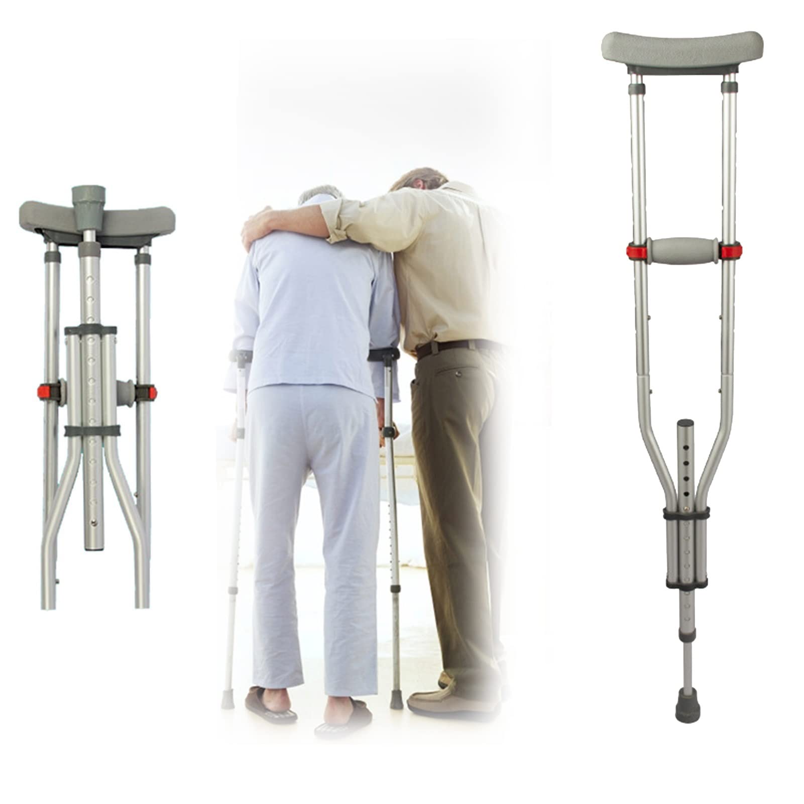 Stampelle ascellari Stampelle da passeggio pieghevoli, regolabili in altezza con comodi cuscinetti e maniglie ascellari, adatte per altezza: 140-200 cm (Colore: Argento, Dimensioni: 1 conteggio) Raddo