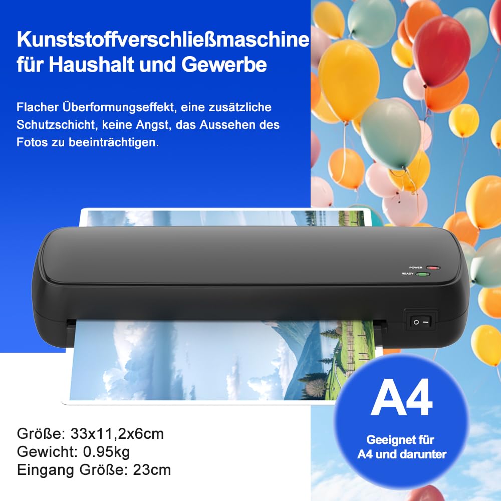 Plastificatrice A4 con riscaldamento rapido, plastificatrice a caldo/freddo con anti inceppamento e 300 mm/min, con 20 pellicole, per documenti, foto, compatta per ufficio e casa