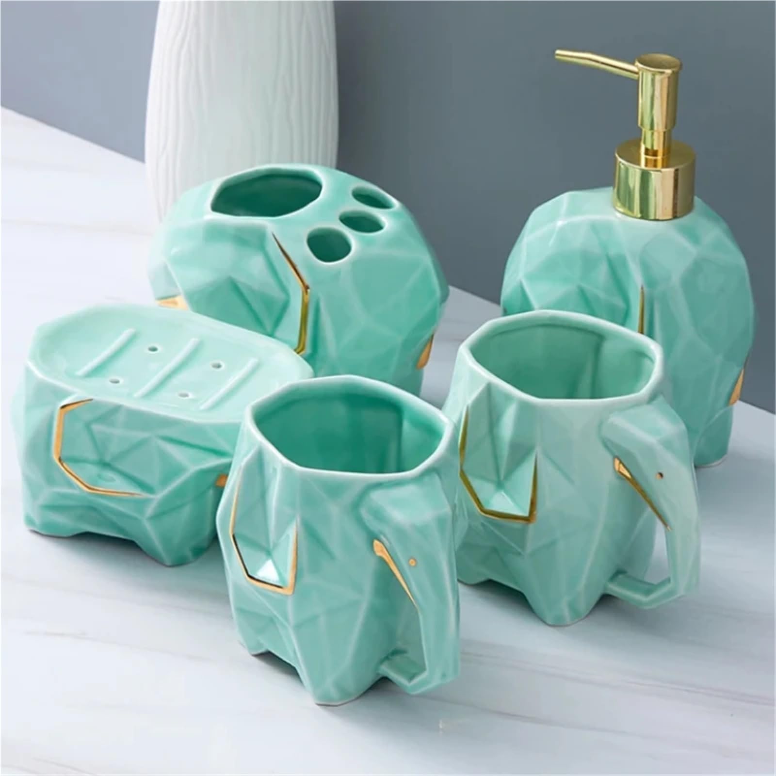 Jabonera Baño Juego de baño con Forma Elefante, Vaso for la Boca, Soporte for Cepillo Dientes, Botella loción y jabonera for organizar(Dark Green 5pcs)