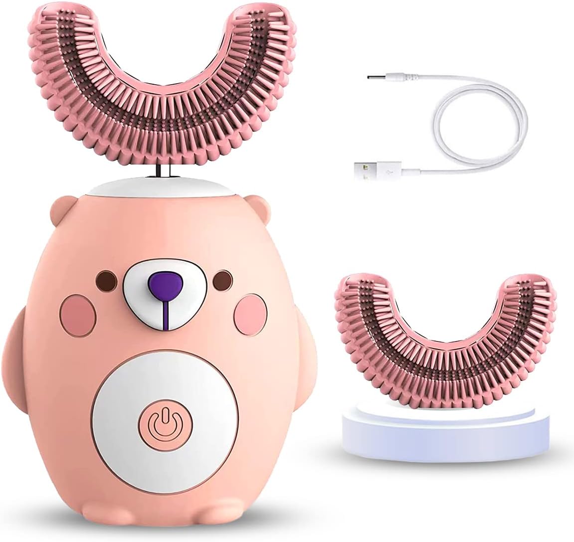 DORCAS U Shaped Toothbrush Kids Electric Toothbrushes, 360° Cleaning with 6 Ultrasonic Cleaning Modes, IPX7 Waterproof, 45S Smart Reminder Toddler Toothbrush(Cartoon Pink Bear, Ages 2-7)