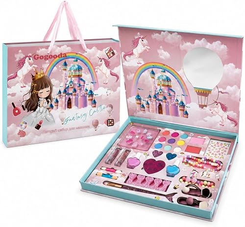 Kids Makeup Kit with Nail Polish, Stickers and Mirror for Girls | Ages 3 and Up, Washable & Non-Toxic, Includes Storage Case, Nail Art Tools, Pretend Play