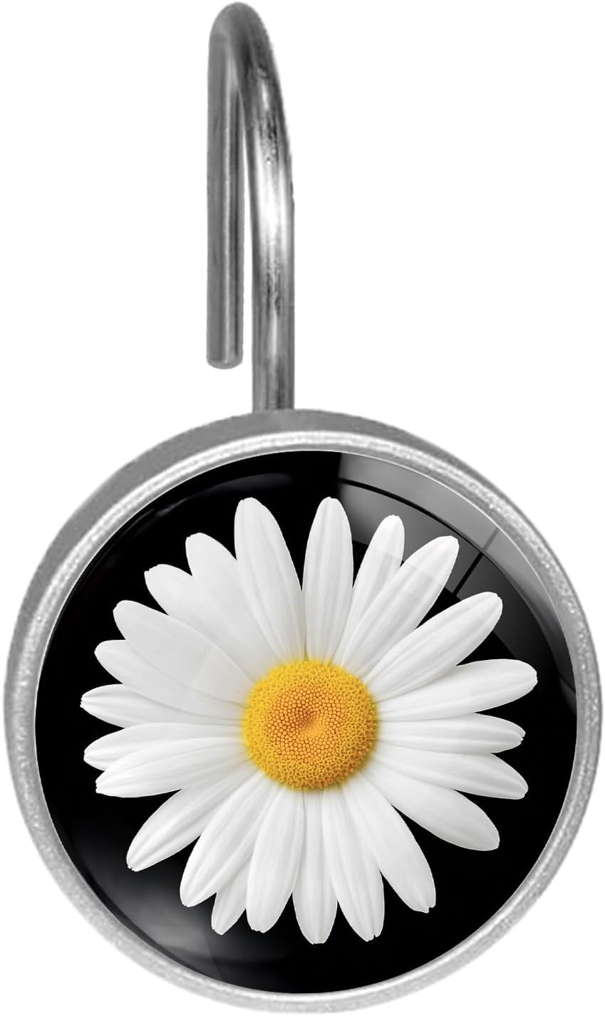 White Daisy Flower Shower Curtain Hooks Set of 12 | Bathroom Decor Rustproof Metal Decorative Shower Hooks Rings for Curtains Rods