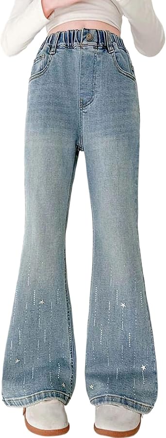 Girls High Waisted Flared Jeans with Rhinestone Vintage Light Wash Stretch Denim Bell Bottom Pants