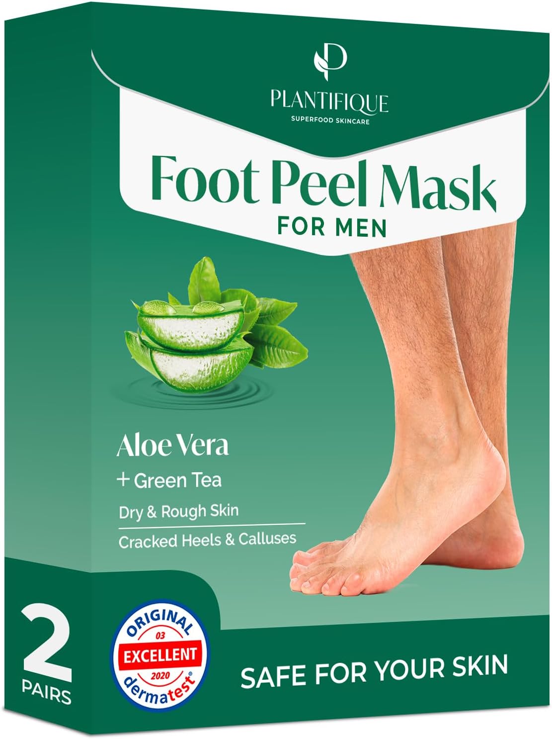 Foot Peel Mask – 2 Pairs Exfoliating & Dermatologically Tested Foot Treatment, Removes Dead Skin & Repairs Heels for Soft Feet – Aloe Vera Scent, Gift for Men
