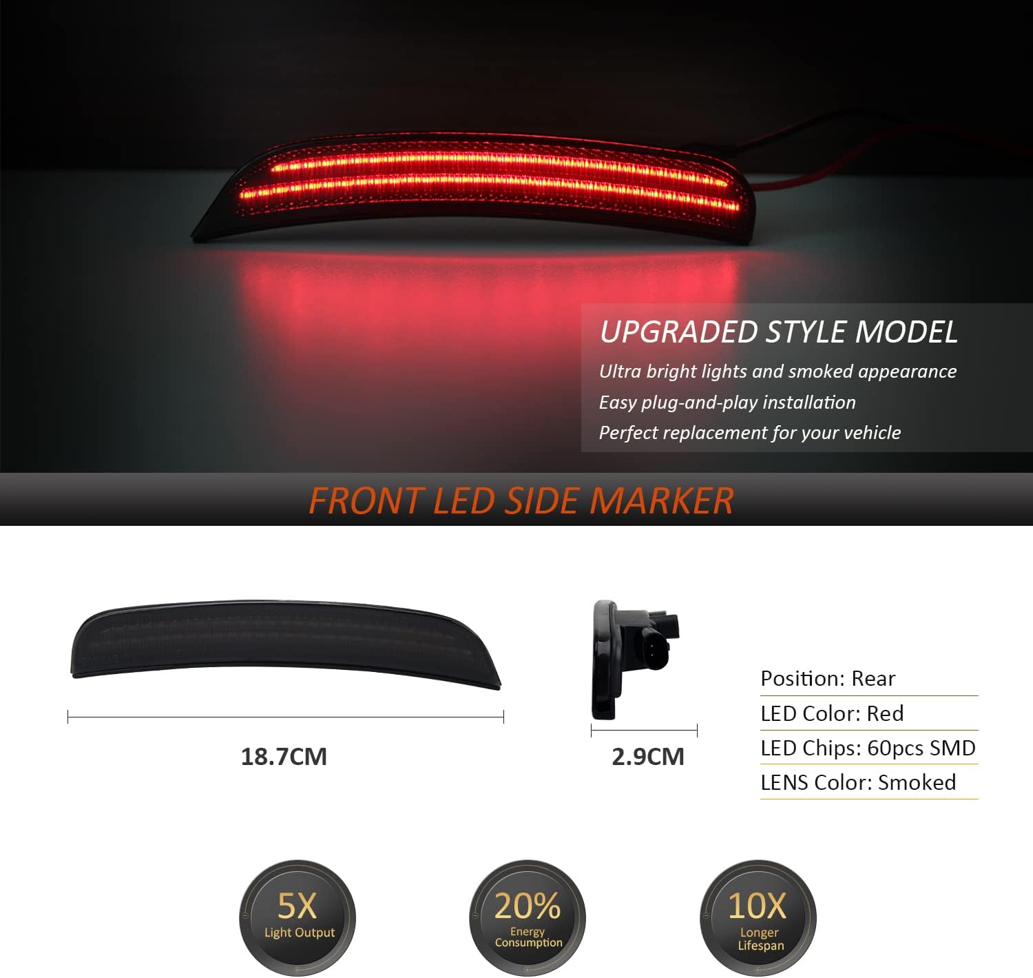 Bestview 4PCS LED Side Marker Lights for Dodge Charger 2015-2023: Amber Front & Red Rear Fender Side Markers, Smoked Lens Bumper Marker Lamps, Waterproof Dodge Charger Side Marker Lights