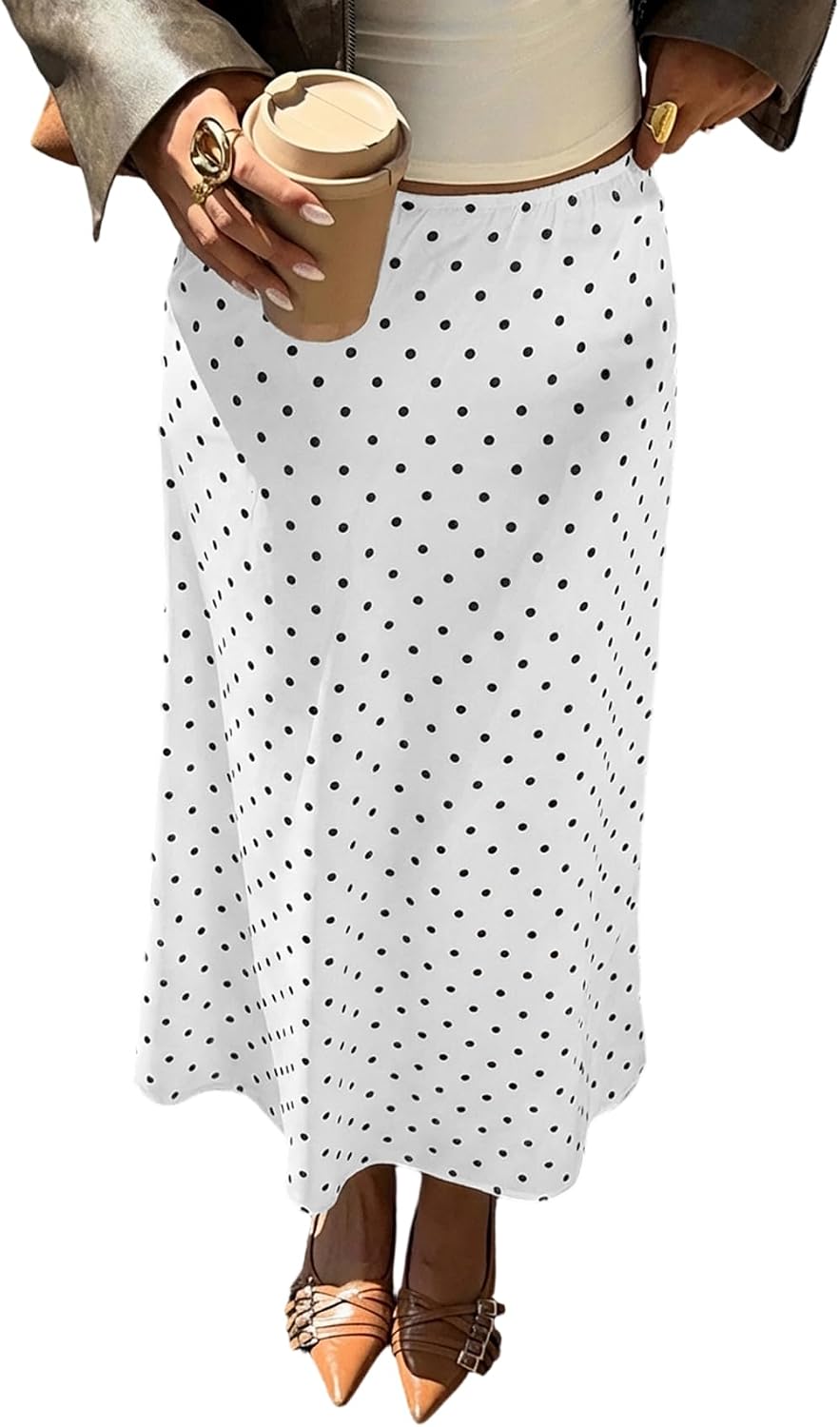 Floerns Women's Elegant Polka Dots Low Rise Maxi Skirts Satin Silk Vintage Flowy Skirts