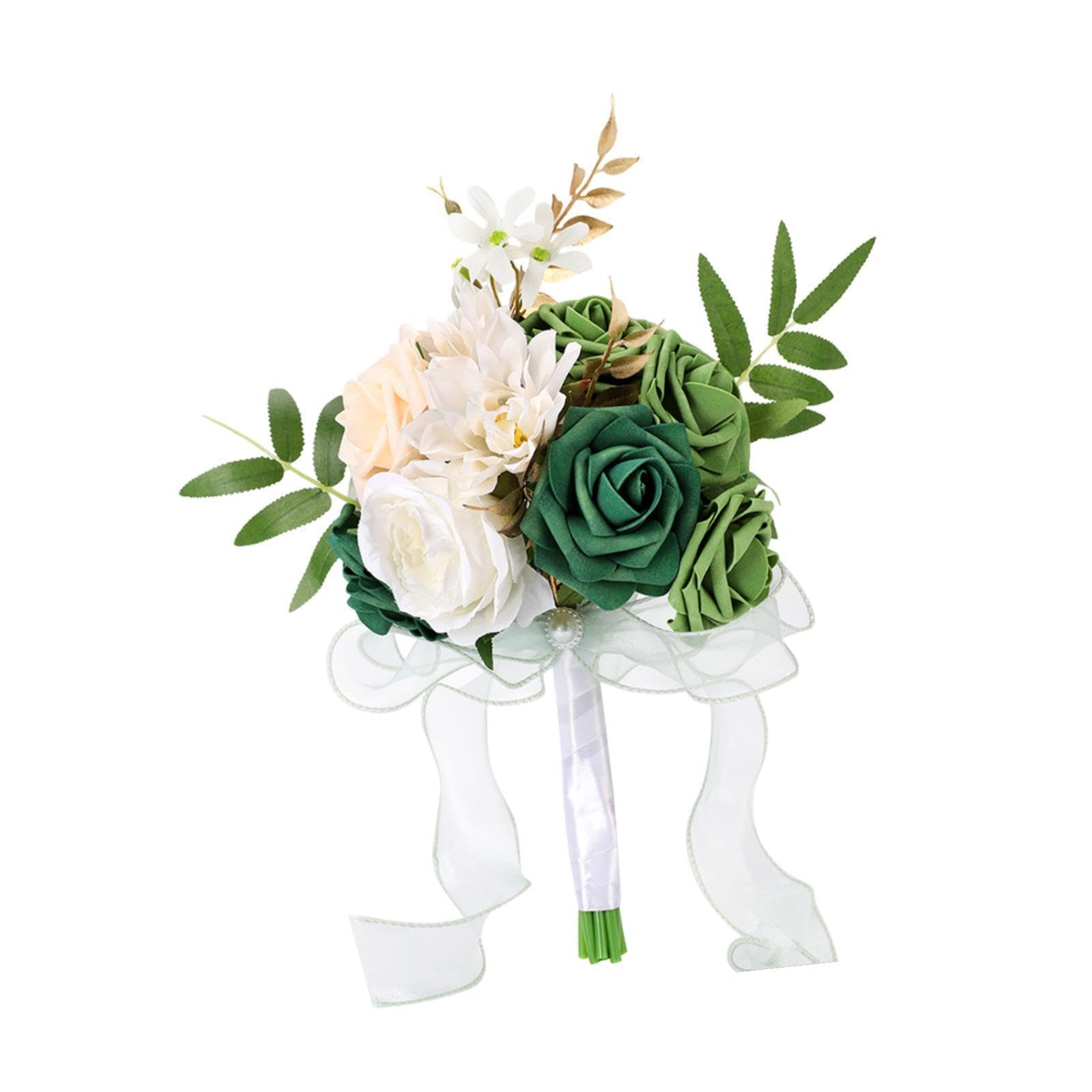 QUXVUIS Brides Bridesmaid Bouquet Looks Lifelike Silky Hand Flower Bride Bouquet Lovely Floral Decorative Displays Captivating Wedding Celebrations Artificial, Green, Height 29cm