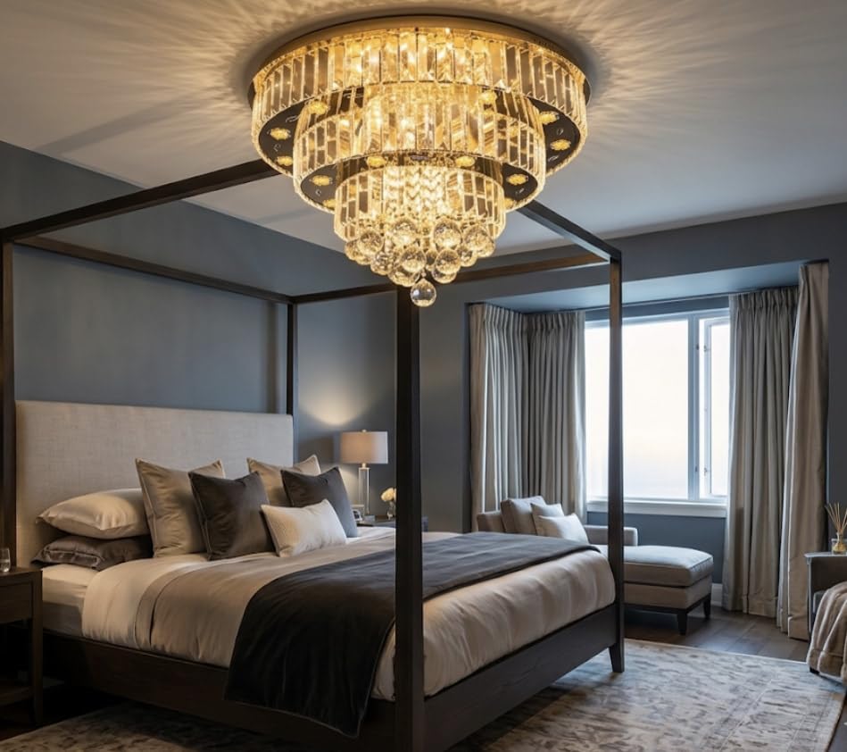 Image of Sanleen Round Shape Crystal LED Chandelier with Bluetooth Speaker | Multicolour Modern Ceiling Light | Luxury Crystal Hanging Lamp for Living Room Bedroom Dining Room Hall & Home Lighting Fixture