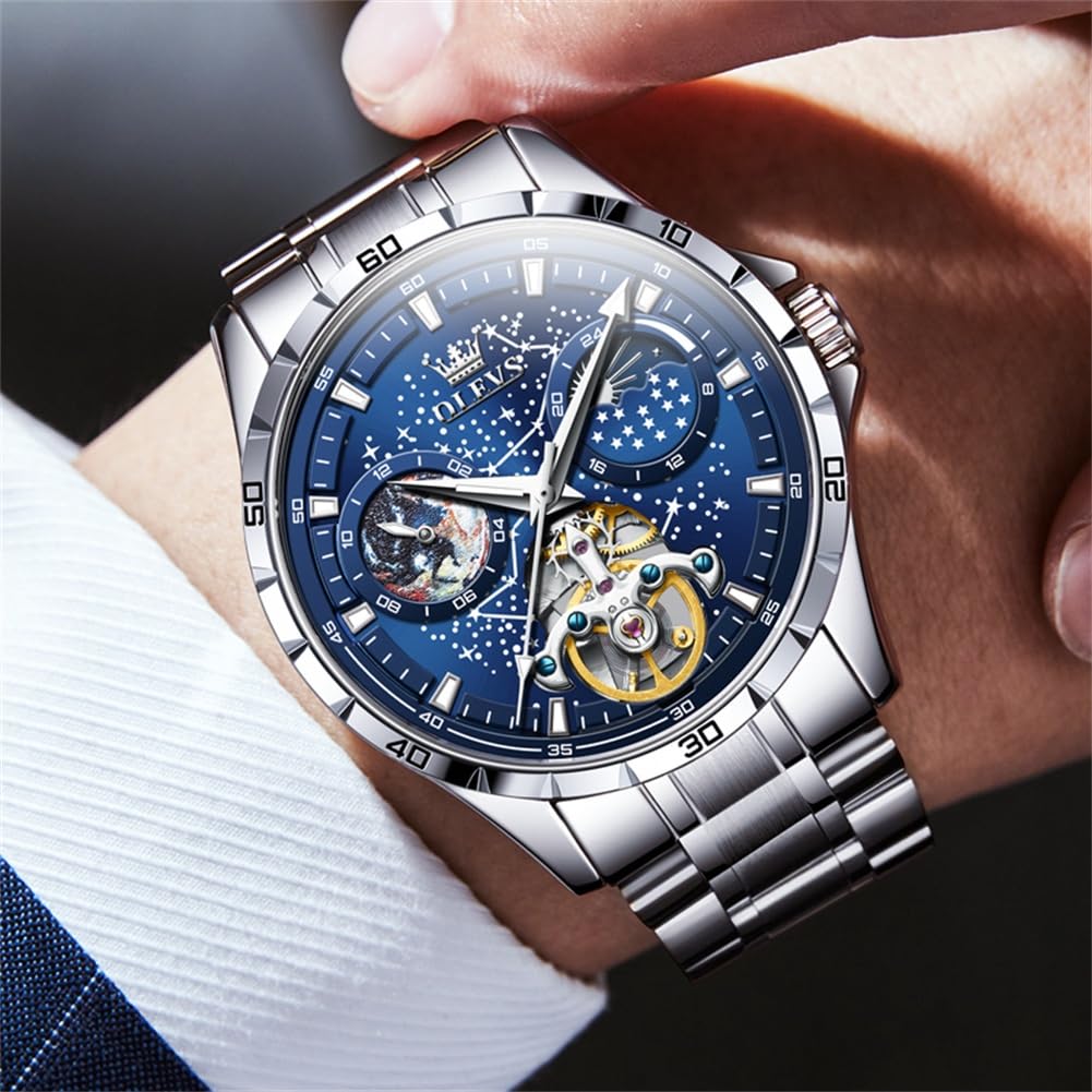 OLEVS Mens Automatic Mechanical Watch Skeleton Tourbillon Starry Sky Dial Business Luxury Dress Self Winding Moon Phase Wrist Watches for Men Waterproof Luminous
