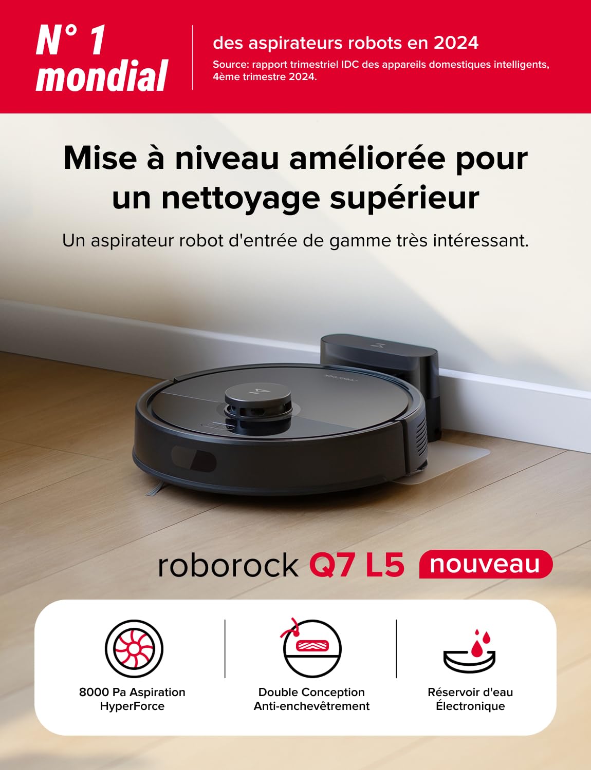 roborock Q7 L5 Aspirateur Robot, 8000 Pa Aspiration HyperForce, Double Anti-emmêlement, Navigation LiDAR Précise, Zone Interdite Intelligente, Cartographie Multi-Niveaux, Recharge Auto, APP/Alexa