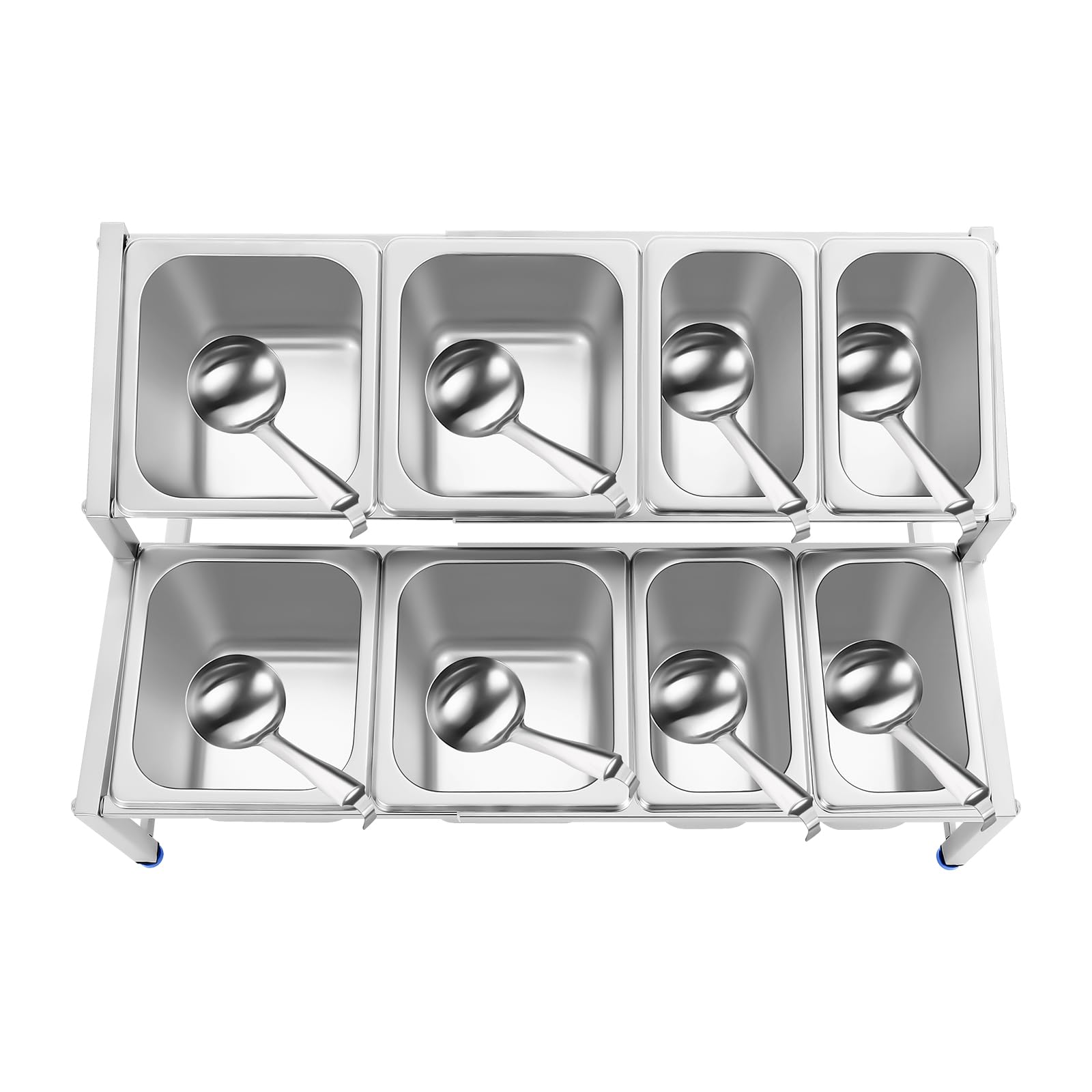 Futchoy Estantería para especias de acero inoxidable, extensible, 35-60 cm, 8 recipientes de 2 niveles, acero inoxidable 201 y 304, extensible 35-60 cm, 8 recipientes 1/6 y 1/9, capacidad de carga de