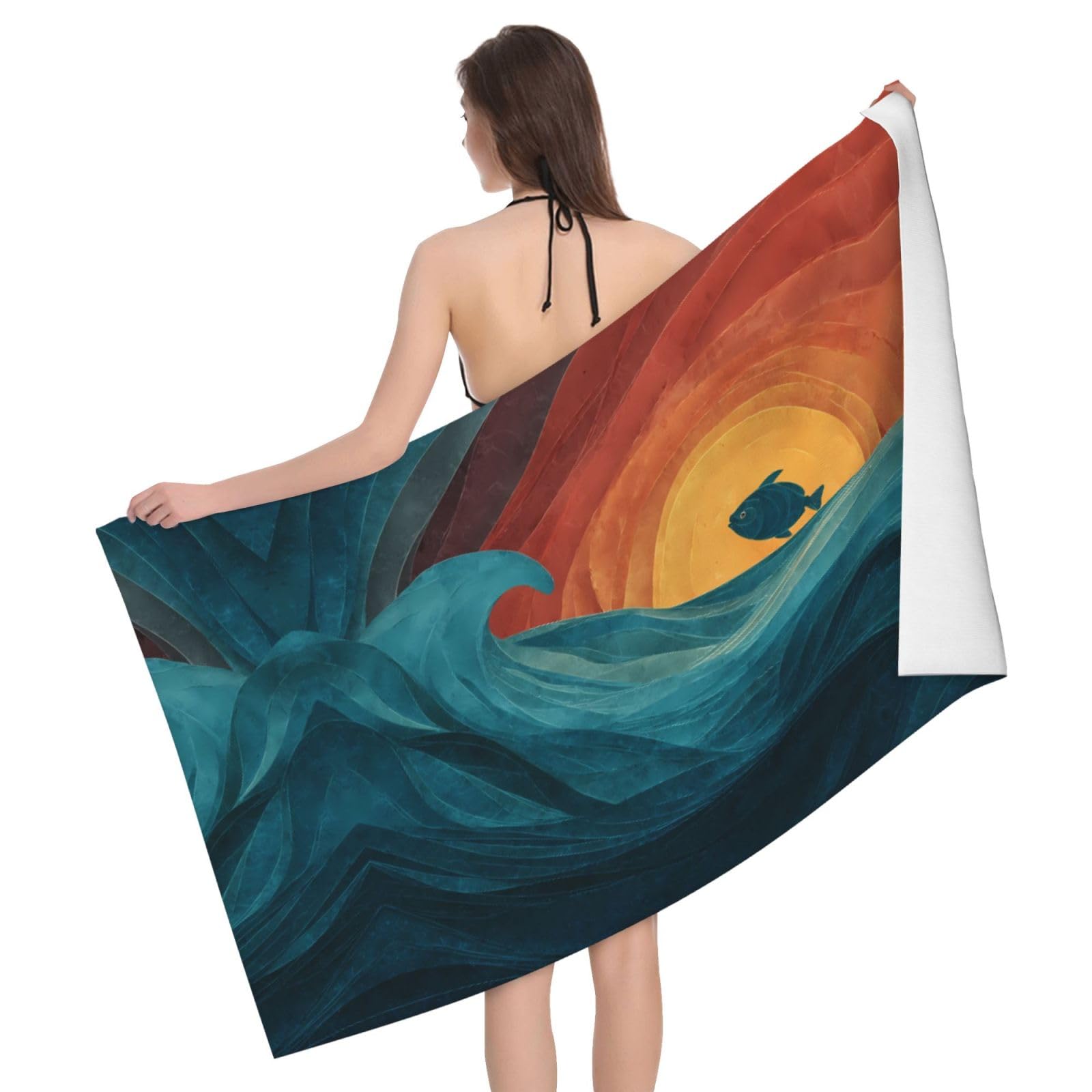 QAZWZML Home microfiber Sunset and Fish prints bath towels for travel, beach, and bathroom use. Highly absorbent and soft pool towels for men and women, quick drying