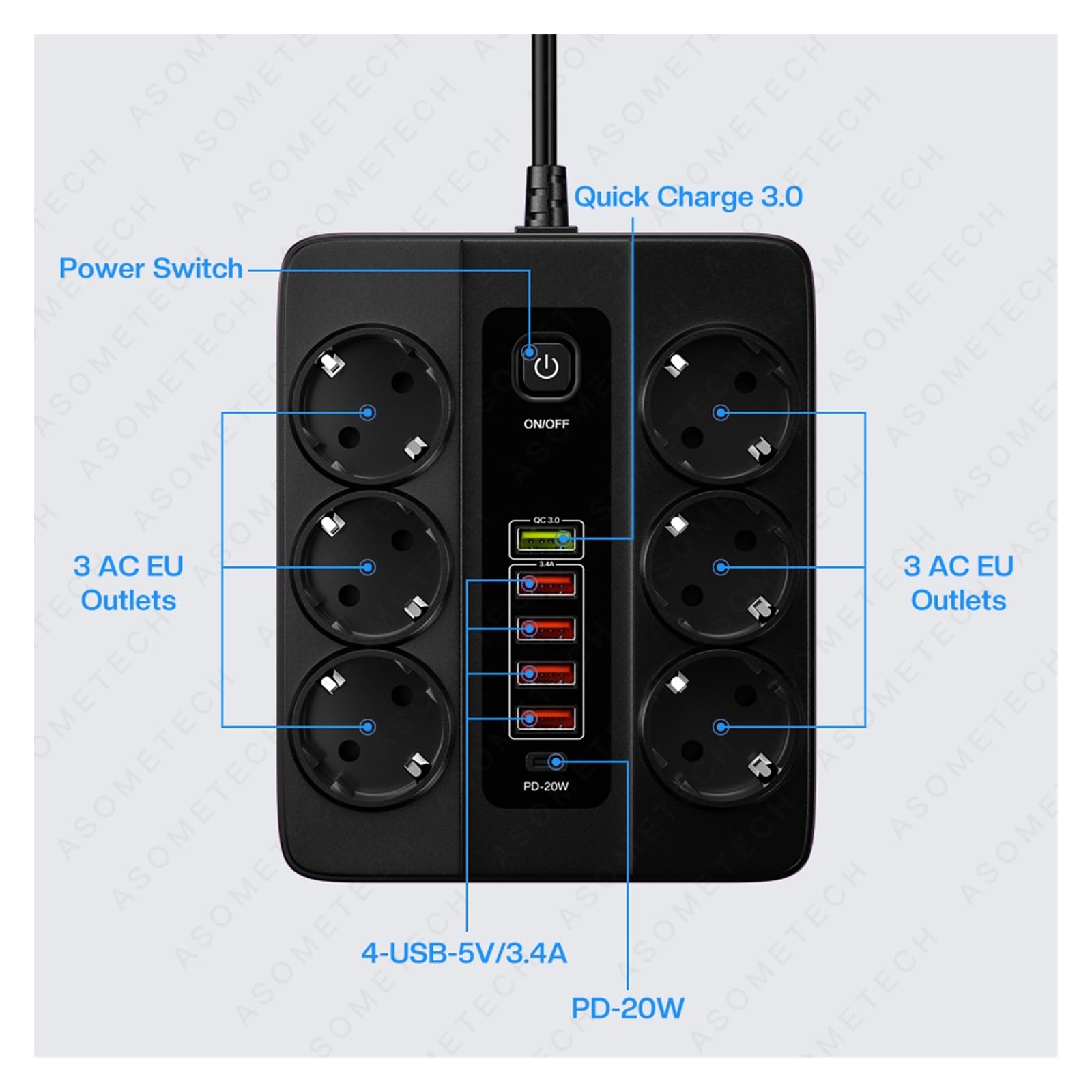 Cargador USB C Multiple, Tira de alimentación de 6 tomas de CA de 3000W, cable de extensión de 6 estaciones de carga USB, 2M PD 20W QC3.0, puerto USB, toma de corriente for cargador múltiple , Univers