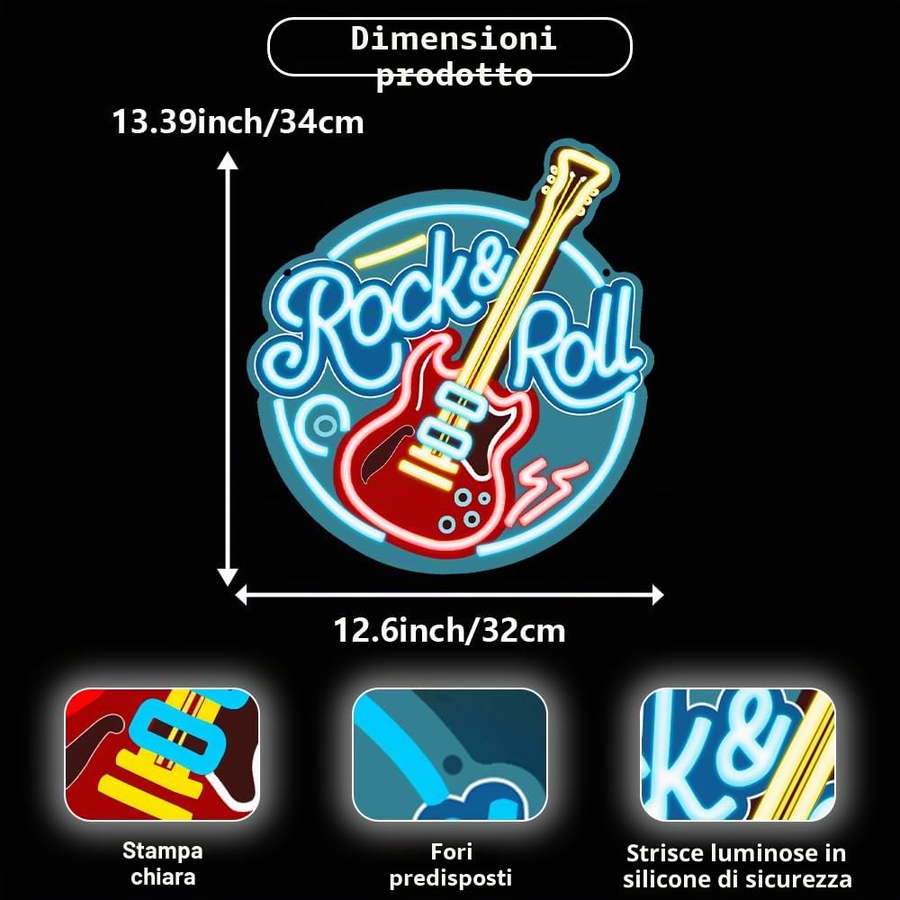 RuCvixkt Rock Roll Segno Neon per Decorazione Murale, LED Dimmabile con Chitarra Rock Roll per Studio Musicale, Salone, Bar, Club, Regalo per Ragazzi Ragazze Amanti della Musica