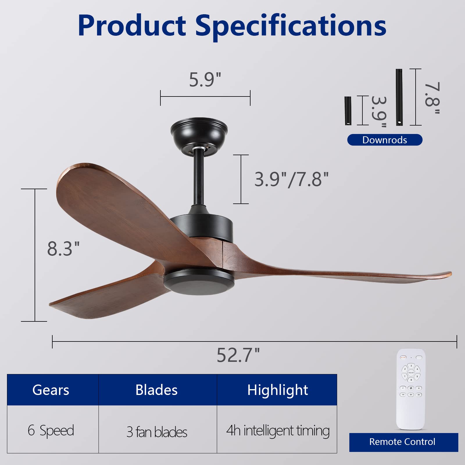 Dannilong 52â€? Outdoor Ceiling Fan without Light, 3 Solid Wood Blades and Remote Control, Walnut Wood Ceiling Fan No Light with Silent Reversible DC Motor, Indoor Ceiling Fan for Patio Living Room, Etc