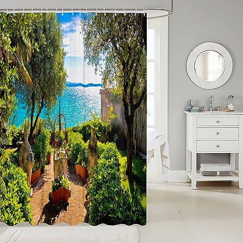 Loussiesd Sunny Shower Curtain 180x210cm Biological Theme Waterproof Shower Curtain Woodland Unique Seaside Waterproof Fabric Bathroom Beautiful Scenery with Hooks - Image 2