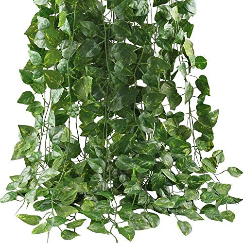 HAPOWELL Artificial Ivy, Galanga Plant Leaves, 12 Strands of 87-Foot Artificial Galanga Green Fake Ivy Leaves, Hanging Room, Flower Office Wedding Party Wall Outdoor Decoration
