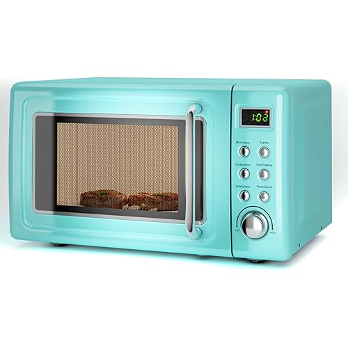 LDAILY 0.7Cu.ft Retro Small Microwave Oven, 700W Compact Countertop Microwave with 5 Power Levels, Auto Cooking Menus, Glass Turntable, Child Lock & Glass Turntable for Apartment, Dorm (Green)