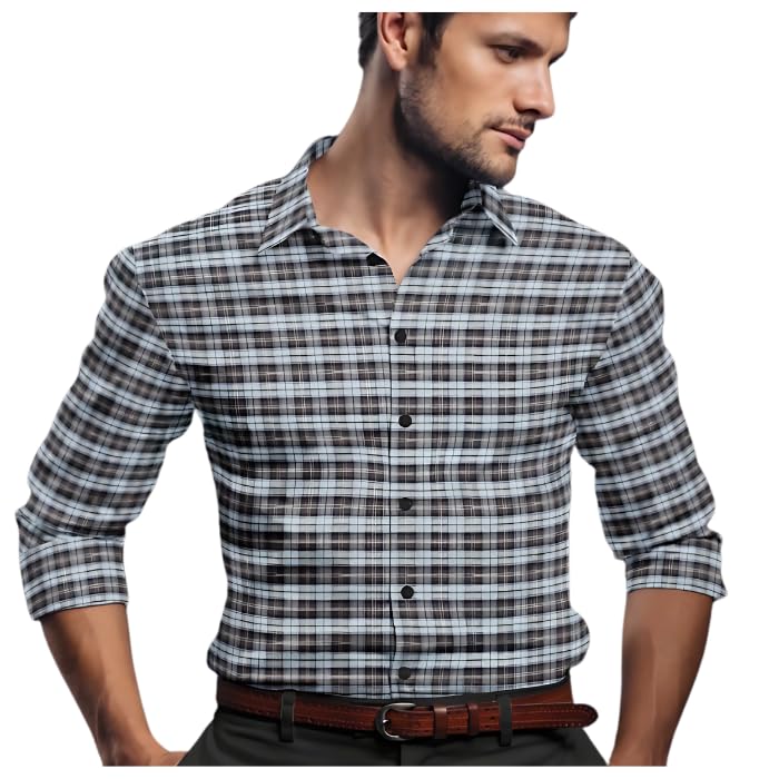 Cotton Unstitched Shirt Fabric for Men, Grey and Black Checked Pattern -1.60m-image-2