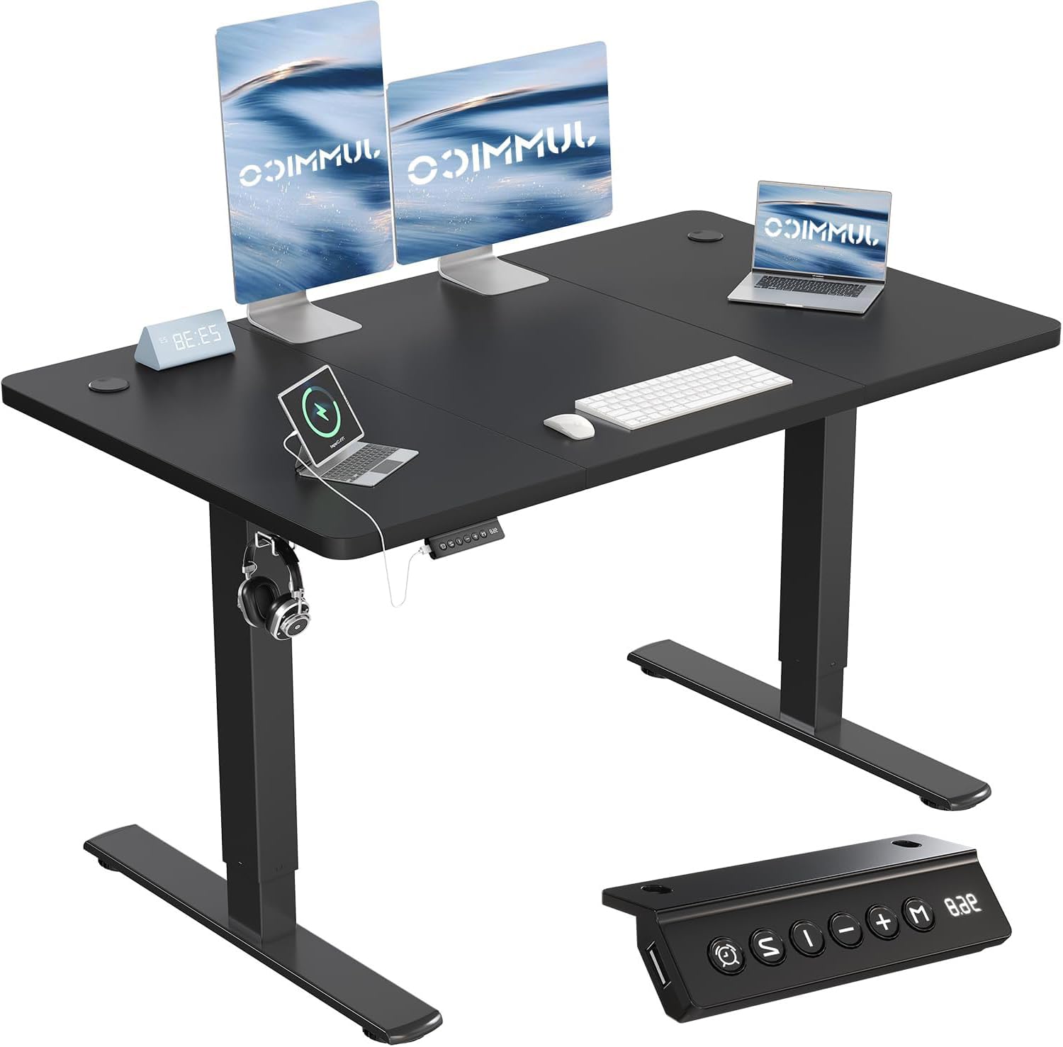 JUMMICO Electric Standing Desk with USB Charging, 120x60cm Height Adjustable Desk with Sedentary Reminder Stand Up Desk with Splice Board for Home Office,Black