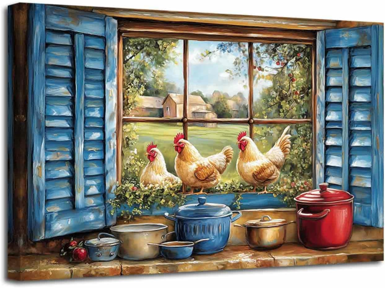 LZIMU Rooster Kitchen Wall Art Chicken Picture Cock in Blue Window Painting Poster Country Farm Coop Canvas Prints Rustic Farmhouse Vintage Animals Artwork Home Decor (16L x 24W)