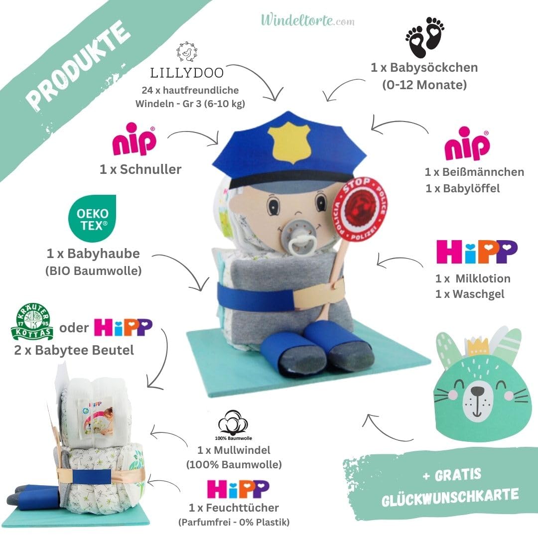 Windelpolizist Neutral [Überraschunseffekt] - Geschenk zur Geburt - Babyparty - Pullerparty - Punkelparty - Jetzt Geburtsgeschenk Torte bestellen