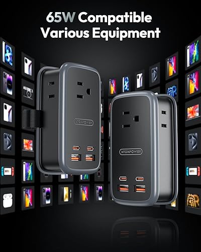 Miniatura 5 de NTONPOWER GAN Ultra - Estación de carga rápida USB de 65 W, regleta de alimentación de viaje 7 en 1 con 3 tomas, 4 USB (2 USB C), cable de extensión