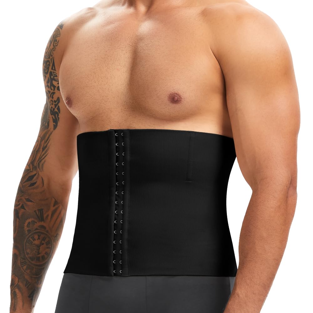 SLIMBELLE Waist Trainer Abdominal Binder Band Belly Fat Burner Stomach Flattener for Men Women with Adjustable Rows Hook Black