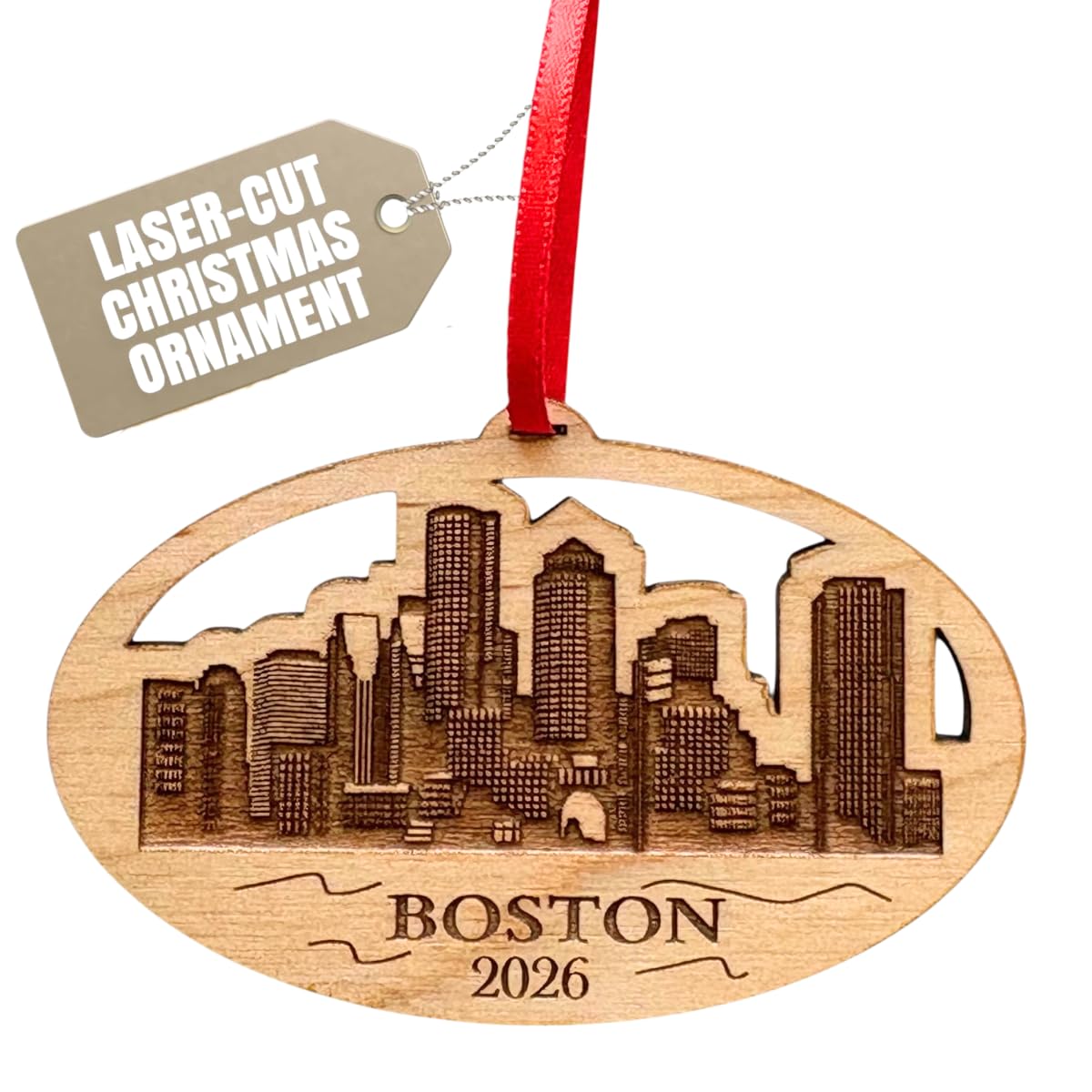 2026 Boston Christmas Ornament, City Skyline Boston Trip Souvenir or Gift Idea, Massachusetts Souvenirs, Gifts - 250 Years of America Commemorative Memento, Laser Cut Wood, with Gift Box
