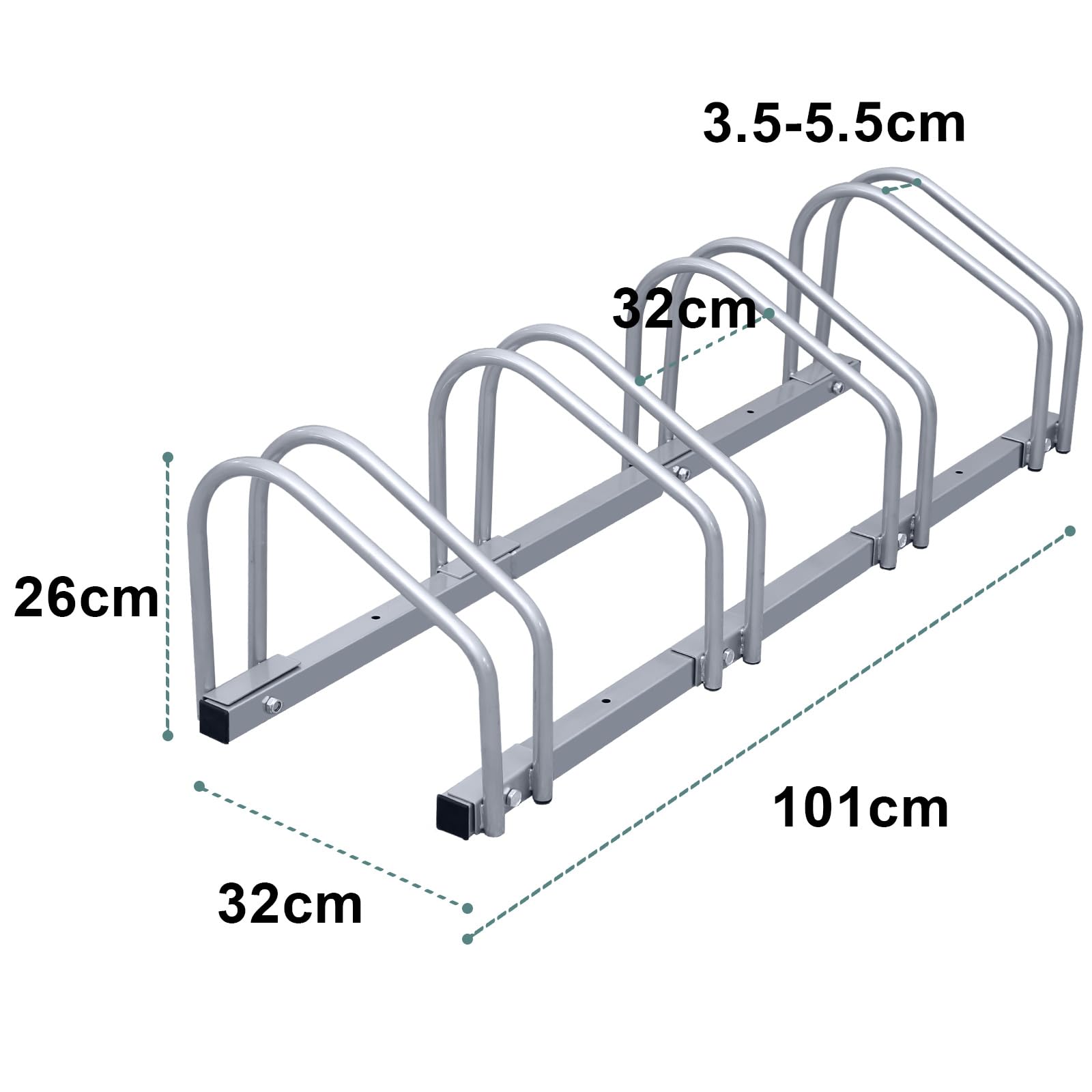 Soporte de suelo para 4 bicicletas, soporte para ruedas de acero galvanizado, ancho de neumático de 35 a 55 mm, distancia de aparcamiento de 30 cm, soporte para bicicletas para garaje, sótano, patio