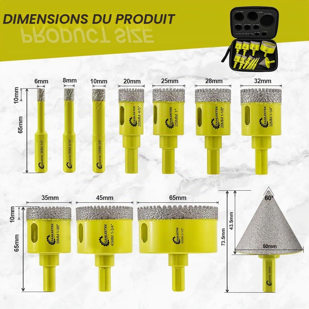 Foret Diamant Carrelage Kit - 11pcs 6/8/10/20/25/28/32/35/45/65mm+50mm Mèches Chanfrein Dentelé Scie Cloche avec Tige Triangulaire pour Carrelage Céramique Porcelaine Marbre Granit