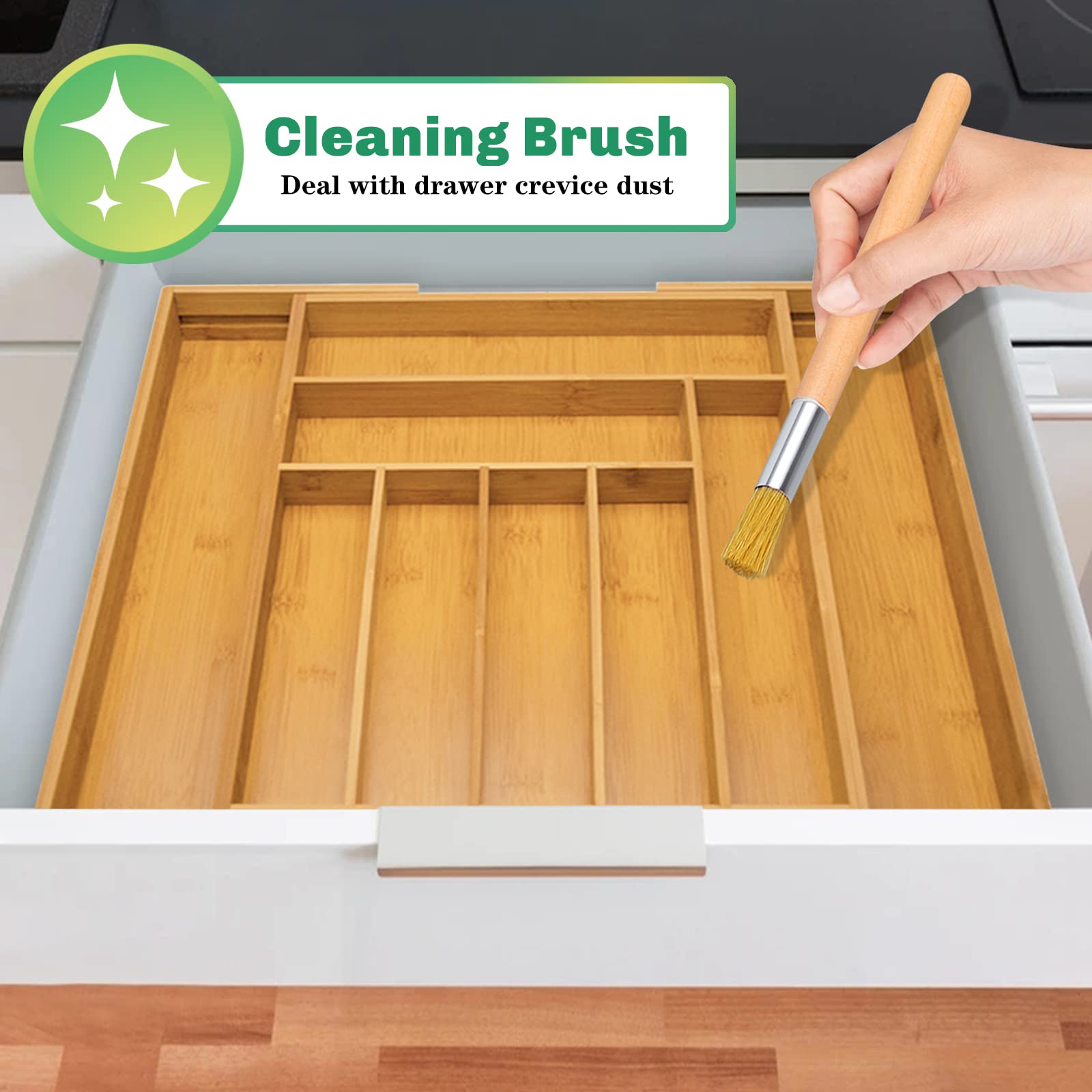 JOYBOY Caja de cubiertos de bambú,Organizador de Cubiertos de Madera+1 cepillo de limpieza,Bandeja para cubiertos con 7 a 9 Compartimentos,Cubertero Ajustable 32-52 * 41 * 5cm