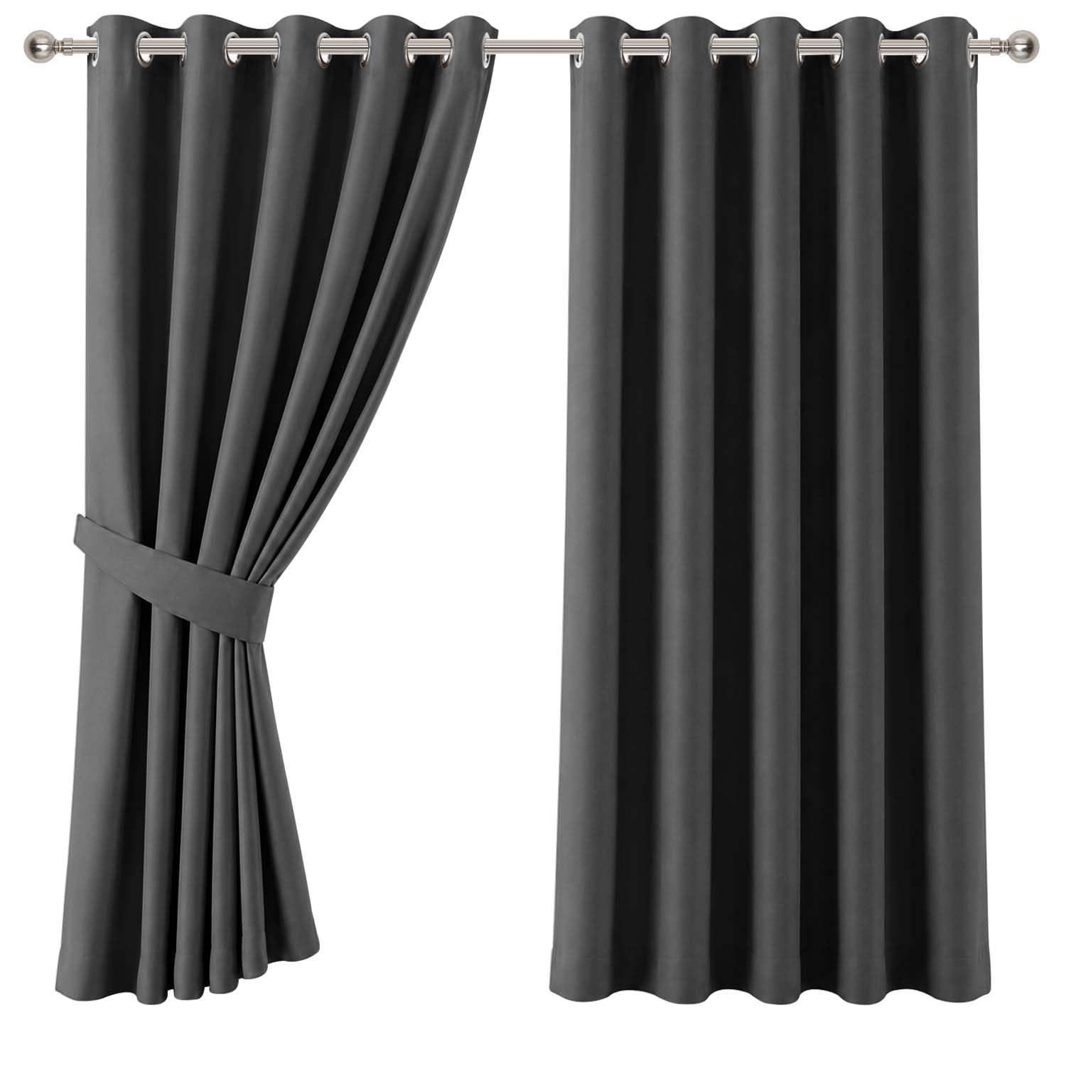 Aspire Homeware Grey Dark Blackout Curtains For Bedroom - Eyelet Door Curtains 66 X 84 Inch Drop Thermal Insulated Super Soft Ring Top Living Room Window Curtain With Matching Tieback, 2 Panels