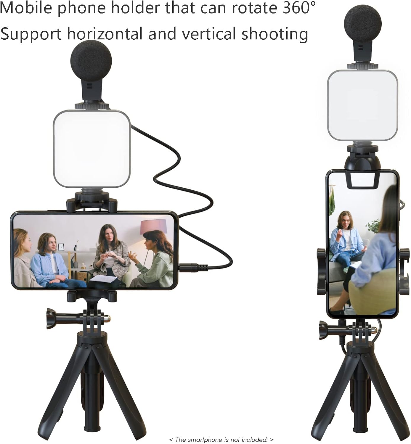 Andoer Smartphone Vlogging Kit Tripod Phone Holder + Microphone + Video Light + Clip + 3.5mm TRS to TRRS Audio Cable for Live Stream Video Recording