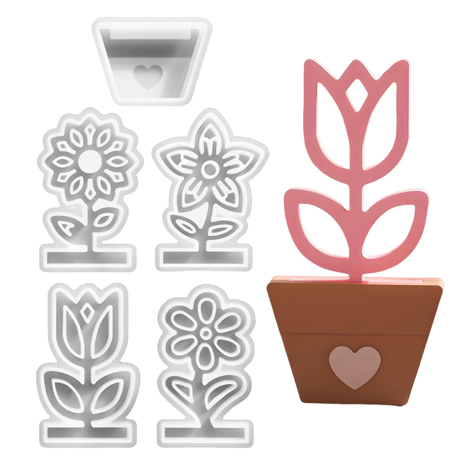 Tvsvkwe White 4 Pieces Of Flower Mold And 1 Piece Of Flower Pot Mold, Diy Ornament Tools, Creative Silicone Mold, Handicraft Production.