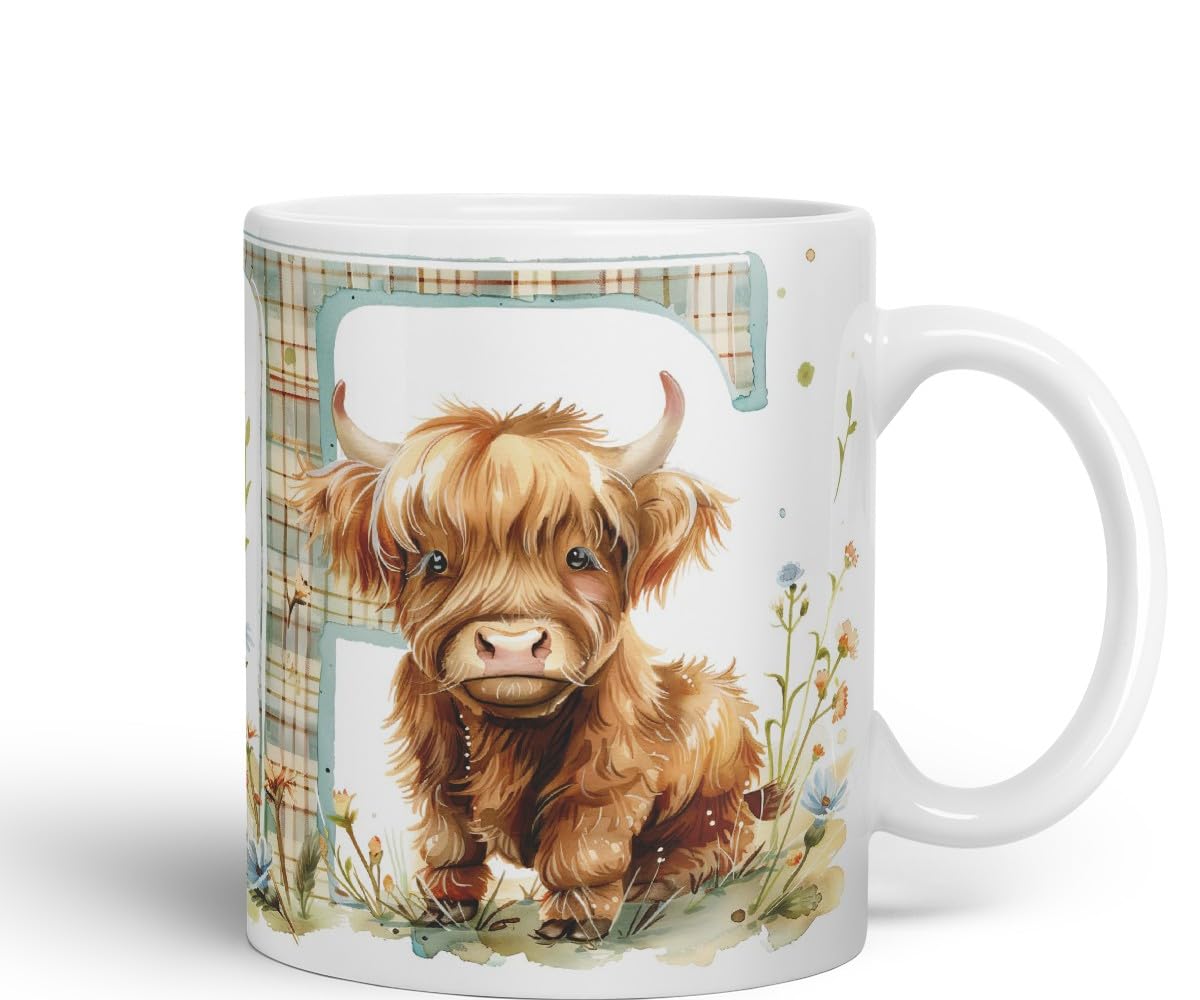Vixar Highland Cow Alphabet Monogram Coloured Ceramic Cup Mug – Letter F – Rustic Farmhouse Animal Letter Gift – 11oz (White)