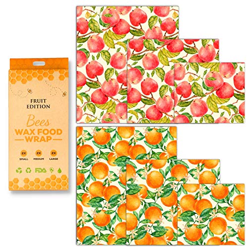 Beeswax Food Wrap Fruit Design Pack of 6 Apple and Orange Printed Beeswax Wraps in 3 Sizes All Natural and Reusable Food Wraps Sustainable Fresh Design Beeswax Wrappings