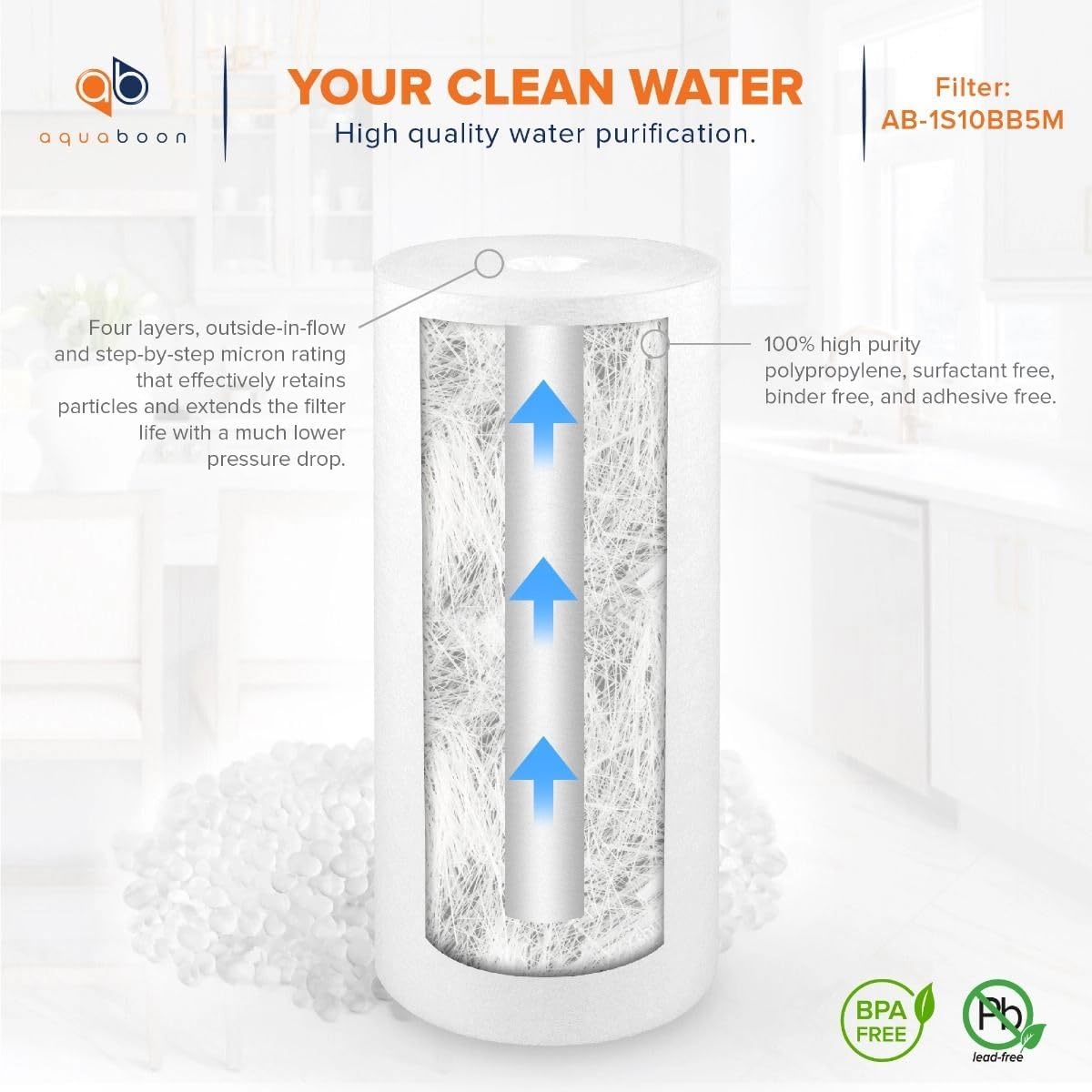 Aquaboon 5 Micron 10 x 4.5 Carbon Block Chlorine Reduction Cartrige and 2 Sediment Reduction Water Filter - Whole House Water Filter Replacement, 1-Pack