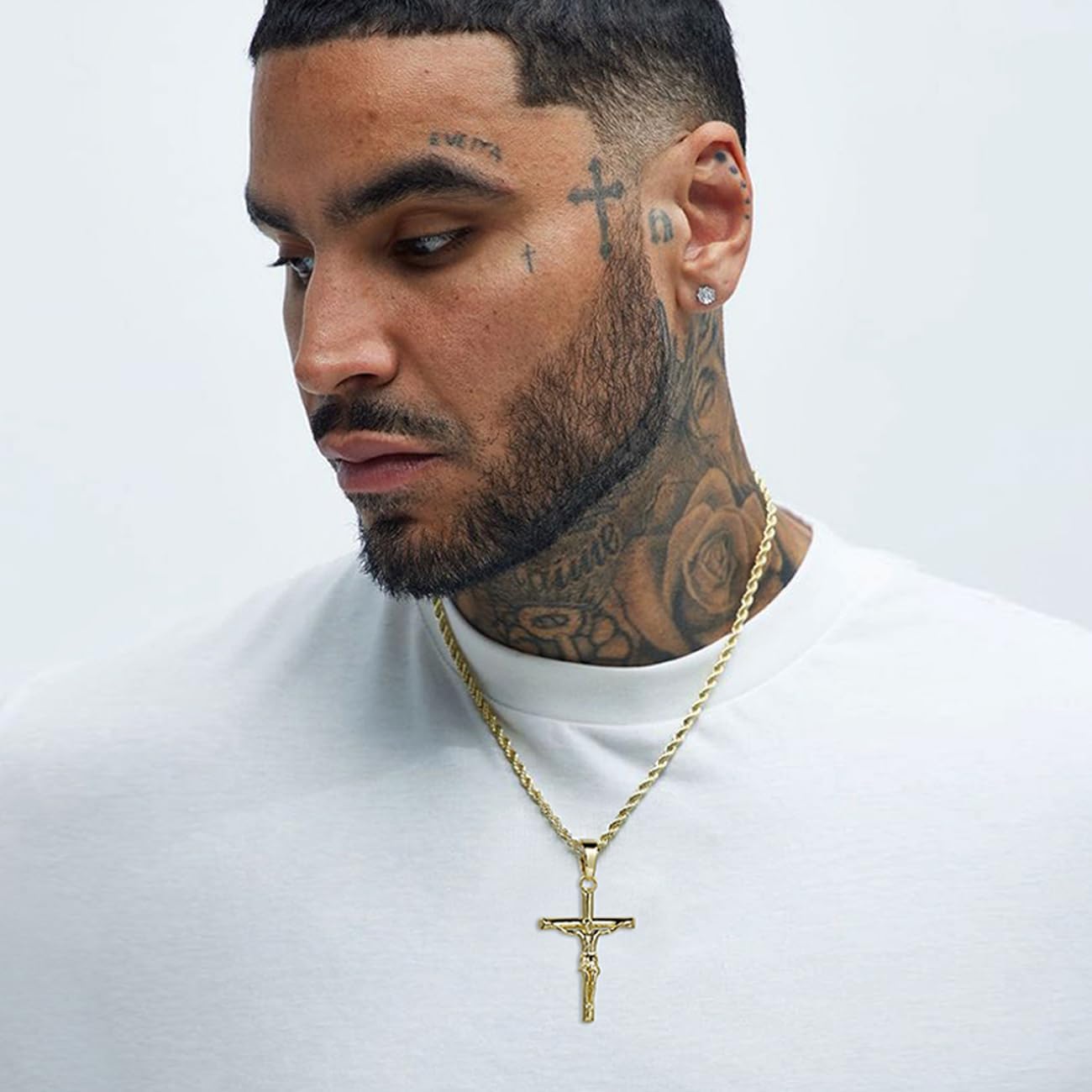 Cross Necklace for Men,18K White Gold Plated Crucifix Cross Pendant with 3mm 22" Stainless Steel Rope Chain for Men Women - Image 4