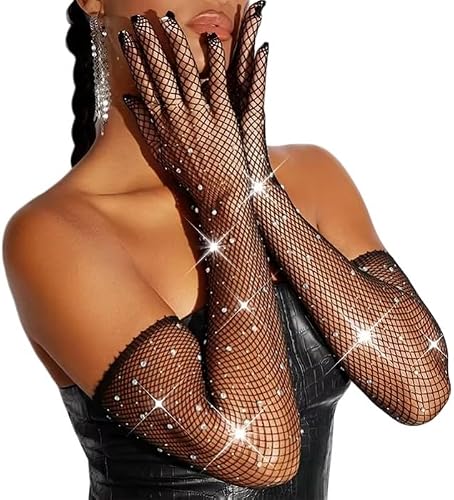 Ladies Fishnet Gloves with Rhinestone Detail