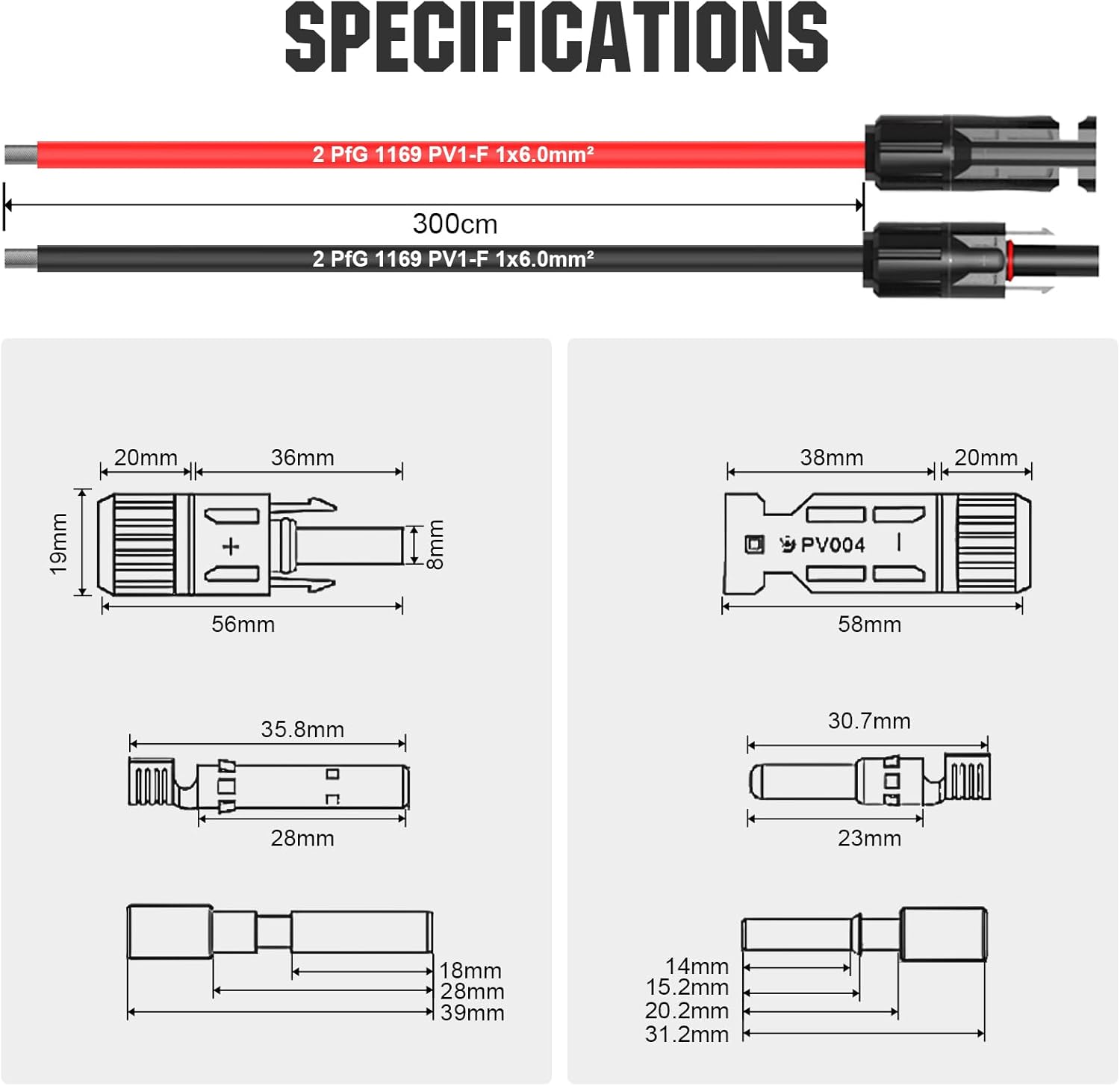 Detailed technical drawing with dimensions of the MC4 connectors
