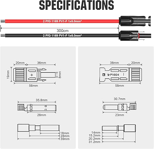 Miniatura 8 de ECO-WORTHY Cable de extensión de panel solar de 20 pies 10 AWG con conector hembra y macho para paneles solares, controladores solares (20 pies rojo